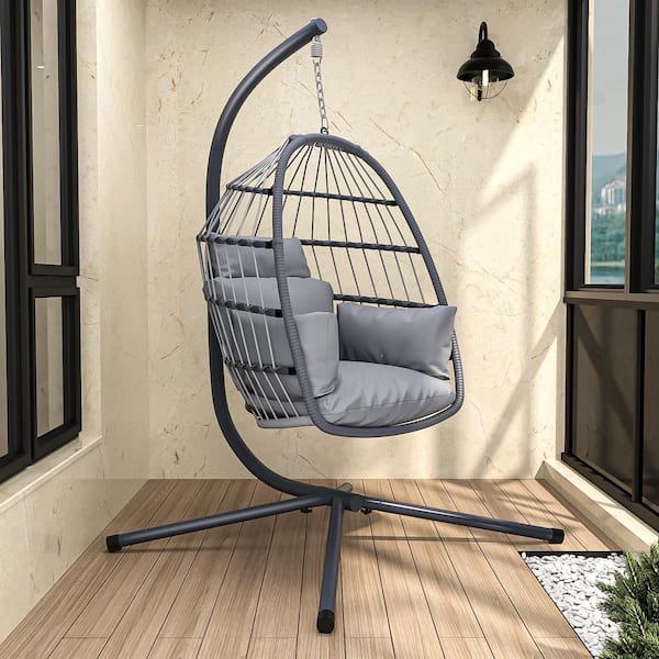 wayofatry Patio Foldable Hanging Swing Chair with Stand, Gray Cushion