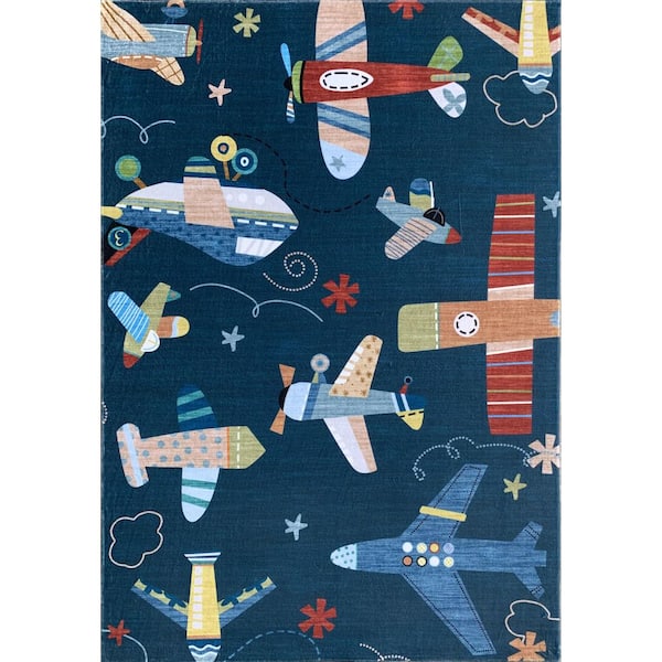 4 ft. x 6 ft. Navy Red and Orange Juvenile Airplanes Youthful Area Rug