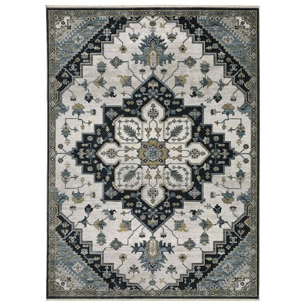 AVERLEY HOME Key Blue/Gray Doormat 3 ft. x 5 ft. Oriental Medallion Polyester Fringed-Edge Indoor Area Rug