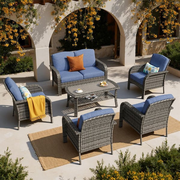 Missisi Gray 6-Piece Wicker Patio Conversation Seating Set with Denim Blue Cushions