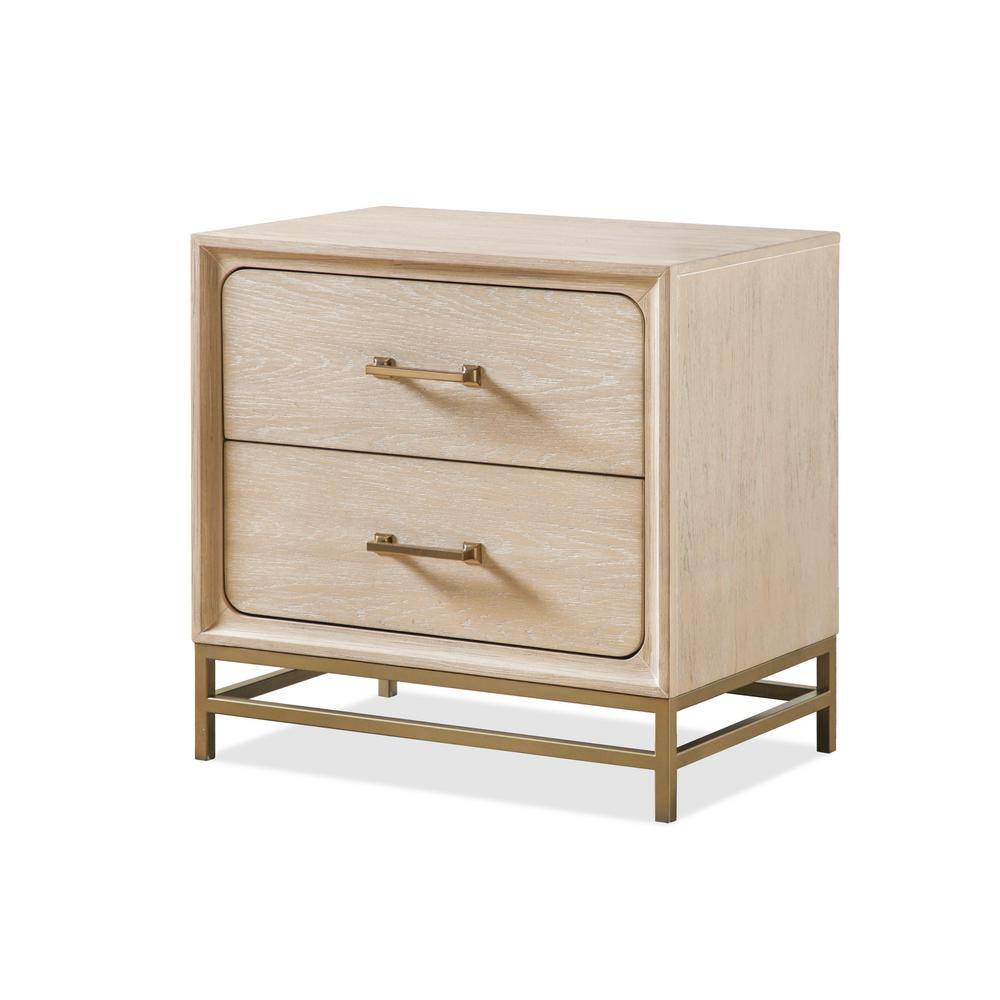 Oak and Metal 2-Drawer Nightstand with Brass Handles