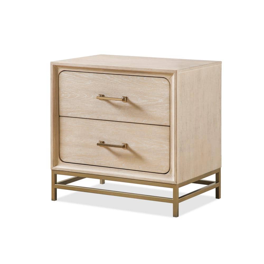Oak and Metal 2-Drawer Nightstand with Brass Handles
