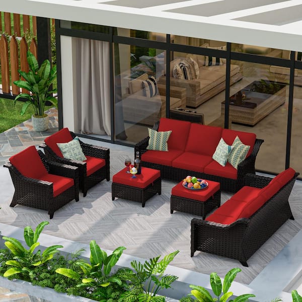 MeetLeisure Brown Wicker 6-Piece Outdoor Patio Conversation Set with Red Cushions and 2-Ottomans