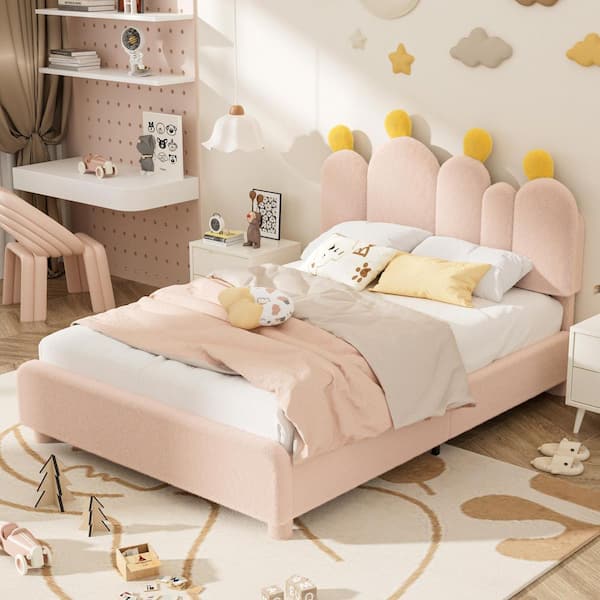 Pink Cactus Upholstered Platform Bed with Headboard, Full Size Boucle Bed for Kids, Solid Wood Slats Support