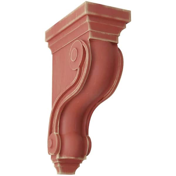 Ekena Millwork 3 3/8 in. x 10-1/2 in. x 6-1/2 in. Salvage Red Boston Traditional Scroll Wood Vintage Decor Corbel