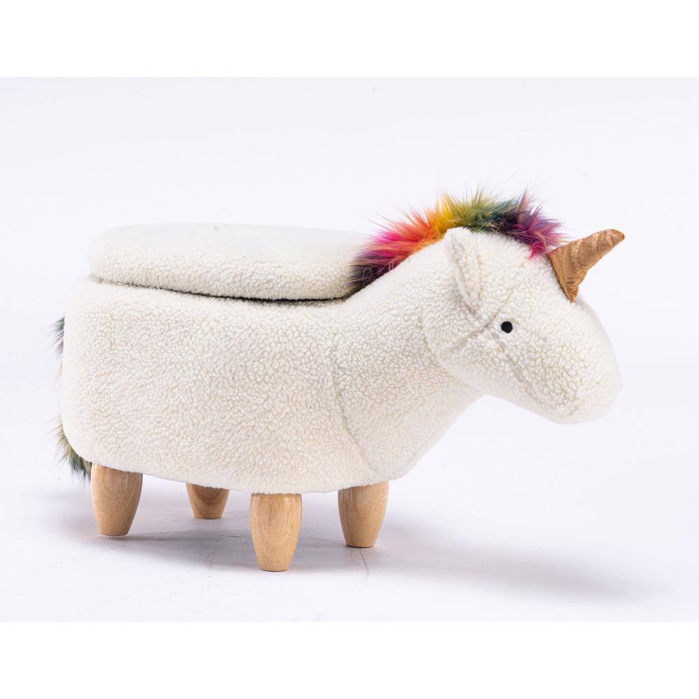 White and Multicolor Unicorn Fabric Storage Ottoman