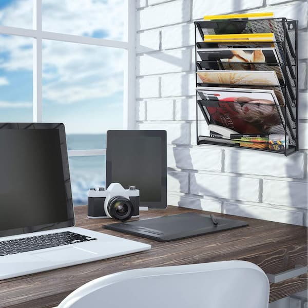 15.9 in. H Black Wall File Holder, 6-Tier Mesh Hanging File Organizer with 5 Tilted Trays and 1 Bottom Flat Tray