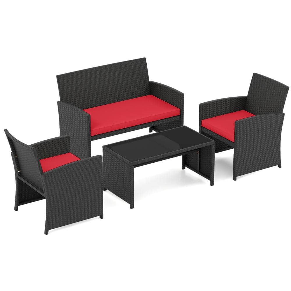 4-Piece PE Rattan Outdoor Patio Conversation Set with Coffee Table and Cushions, Red price history on PriceWatchPro