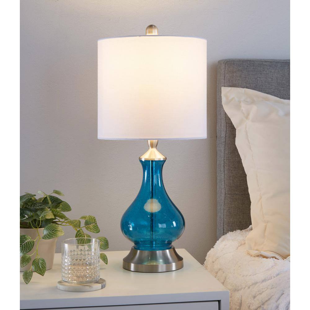 Jasmine 22" Blue Seeded Glass Table Lamp with White Linen Shade