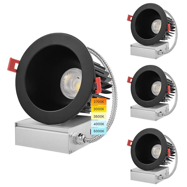 LUXRITE 4" LED Recessed Light with J-Box, 18W, 1500 Lumens, 5 Color Selectable, Dimmable, Wet Rated, IC Rated Black 4 Pack