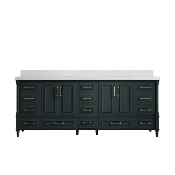 Willow Collections Hudson 84 in. W x 22 in. D x 36 in. H Double Sink Bath Vanity in Dark Green with 2 in White Quartz Top
