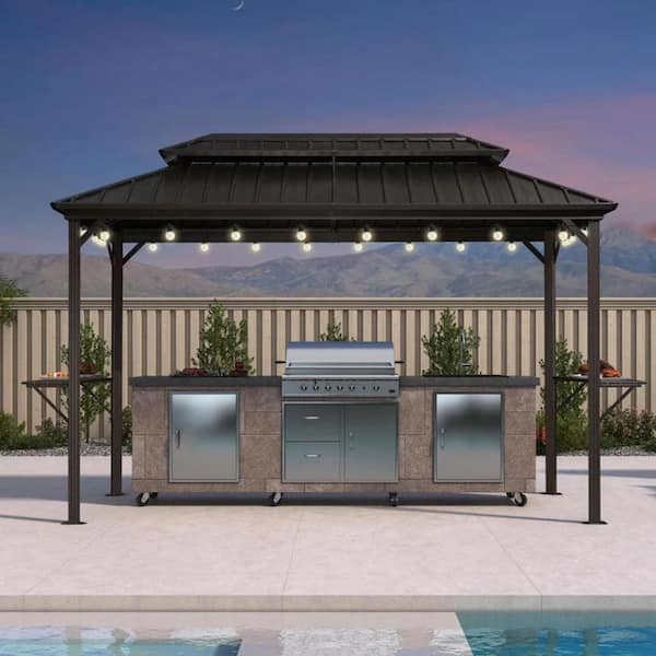 PURPLE LEAF 6.5 ft. x 12 ft. Hardtop Grill Gazebo for Patio Aluminum Barbecue Shelter Gazebo, Hooks,Shelves Double Tiered 12-Ligths