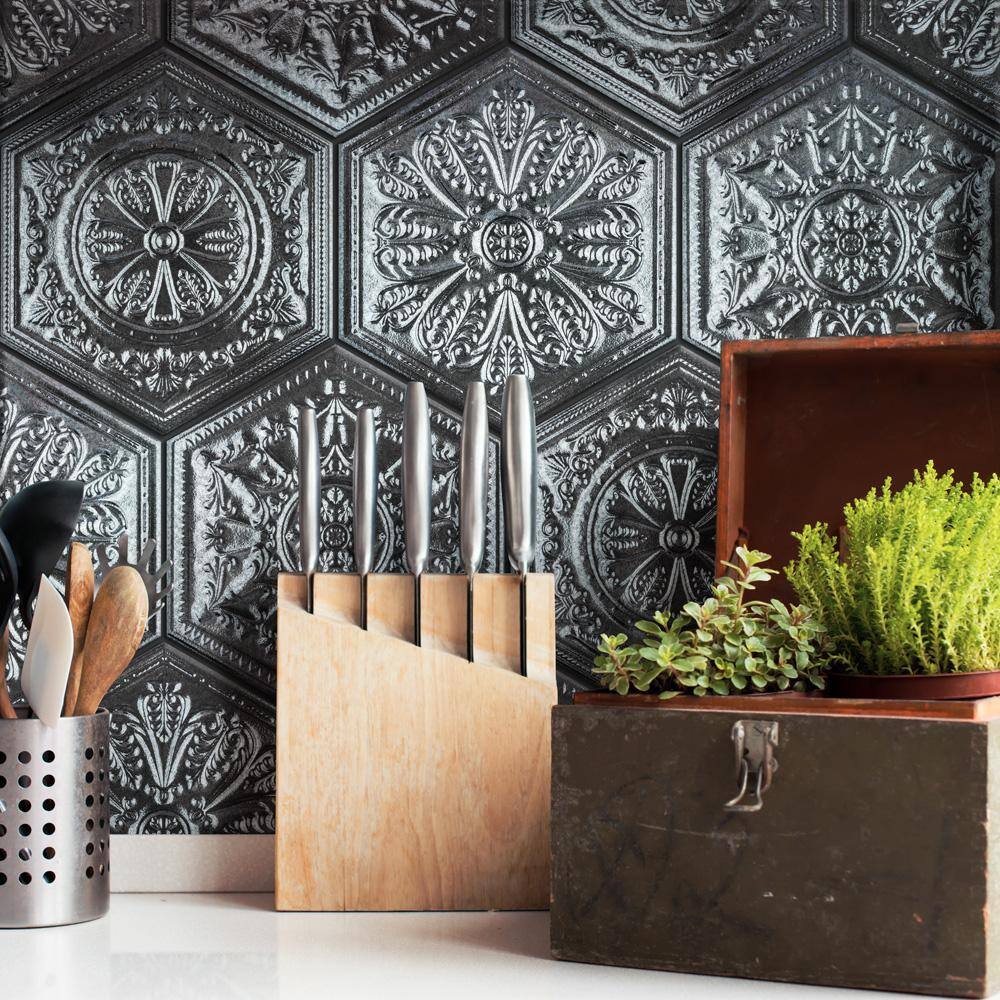 Transitional Glossy Silver Hex Porcelain Tile, 10" x 12"