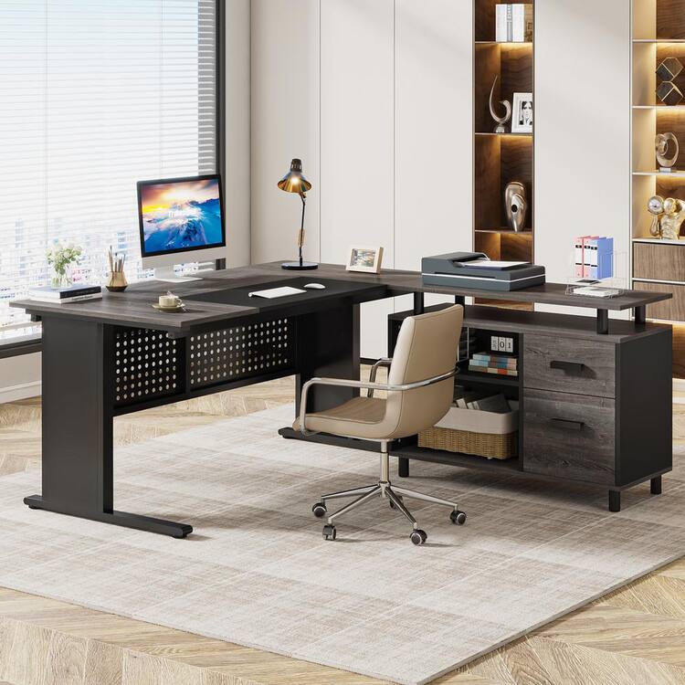 Halseey 63 in. L Shaped Black Grey Large Wood 2-Drawer Computer Desk for Home Office, Big Executive Desk File Cabinet