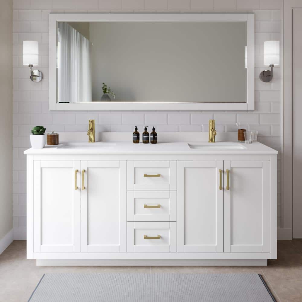 Wyndham Miranda 72'' White Double Vanity with Cultured Marble Top & Gold Trim
