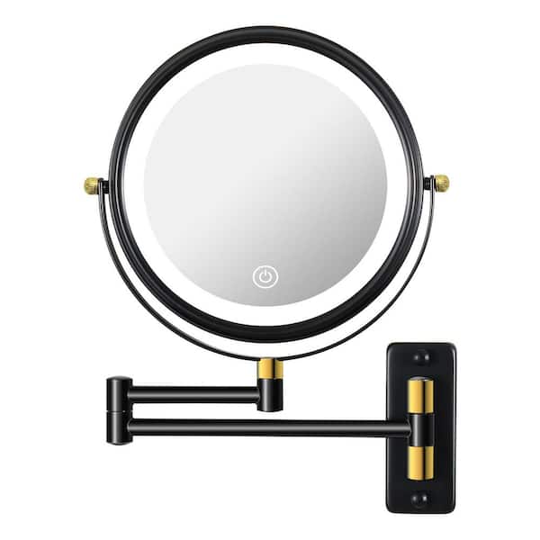 GQB 8 in. W x 8 in. H Bathroom Folding Makeup Mirror in Black Golden with Dimmable LED,1X/10 Magnification,2000mA Battery