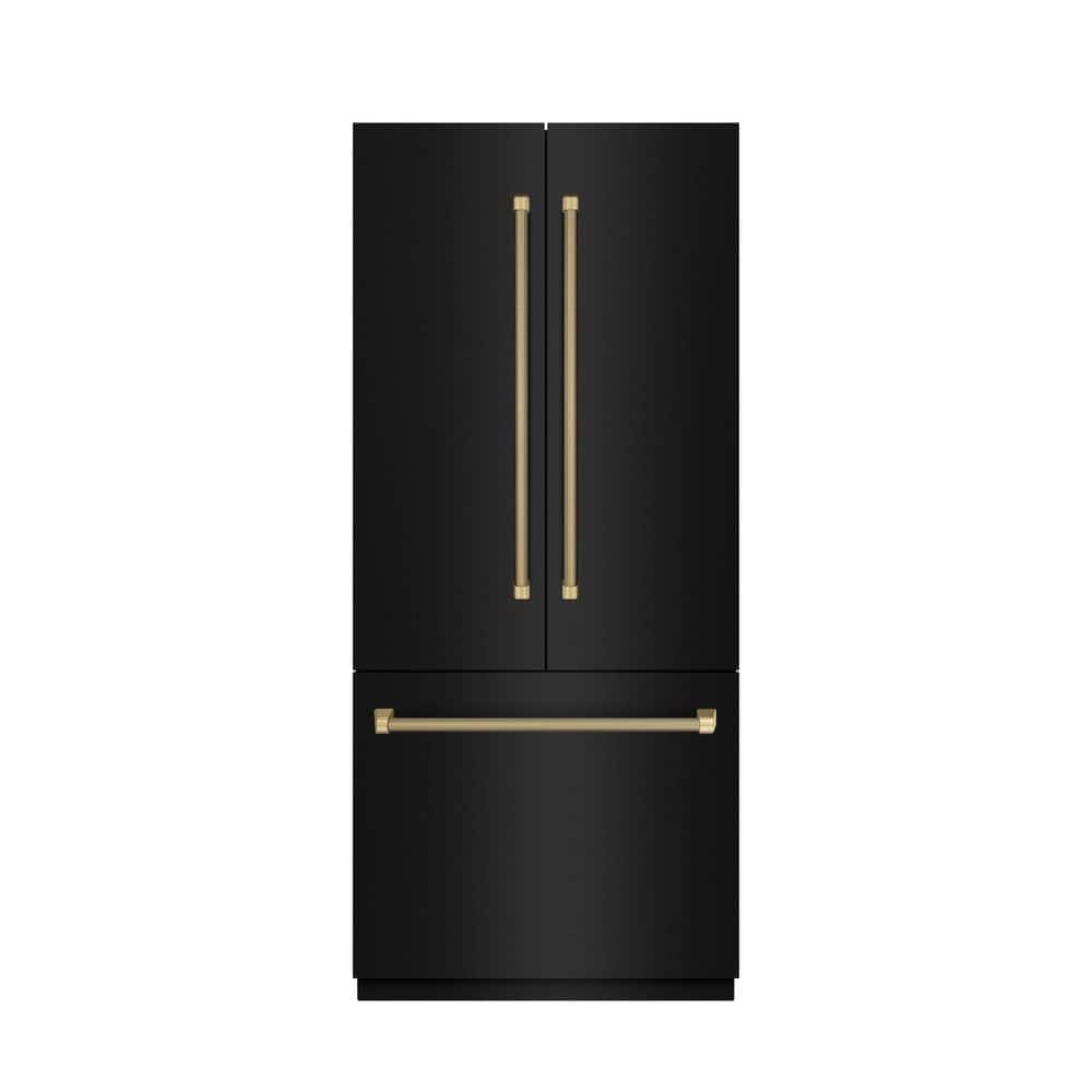 ZLINE Kitchen and Bath Autograph 36 in. Black Stainless Steel French Door Bottom Freezer 19.6 cu ft Refrigerator and Bronze Helix Handles