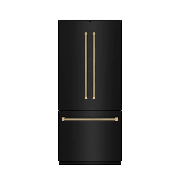 Autograph 36 in. Black Stainless Steel French Door Bottom Freezer 19.6 cu ft Refrigerator and Bronze Helix Handles