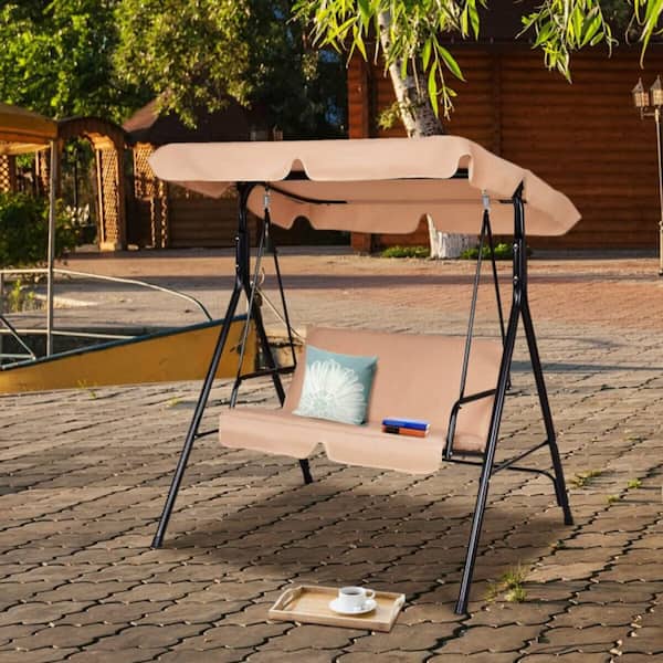 2-Person Metal Weather Resistant Canopy Patio Swing in Beige for Porch Garden Backyard Lawn