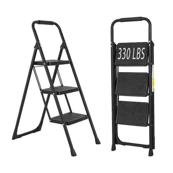 maocao hoom 3.5 ft. Reach 3-Step Black Iron Ladder Foldable Non-Slip Outdoor Ladder Loading 330 lbs. for Home, Kitchen, Office