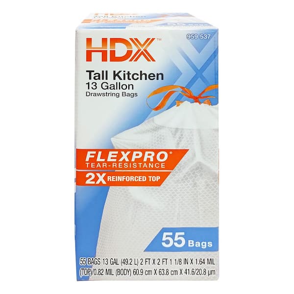 HDX FlexPro 13 Gallon Reinforced Top Drawstring Kitchen Trash Bags (55-Count)