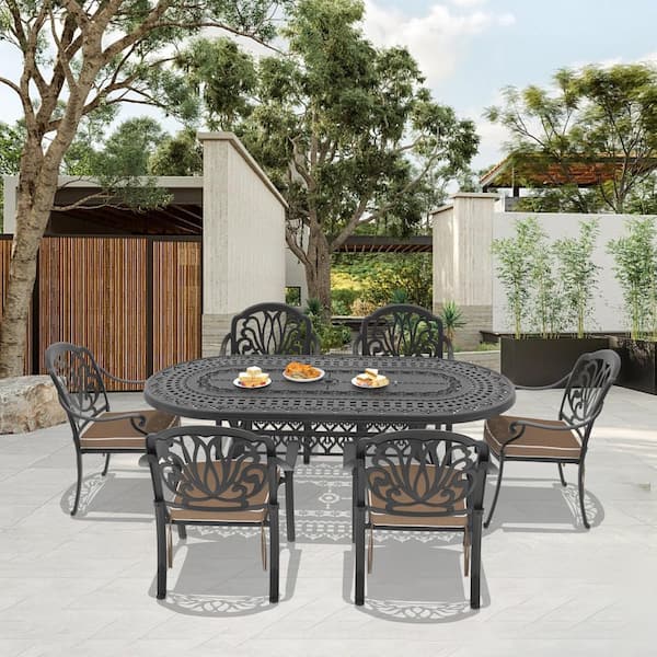 Willit Elizabeth 7-Piece Cast Aluminum Outdoor Dining Set with 81.89 in. x 41.34 in. Oval Table and Brown Cushions
