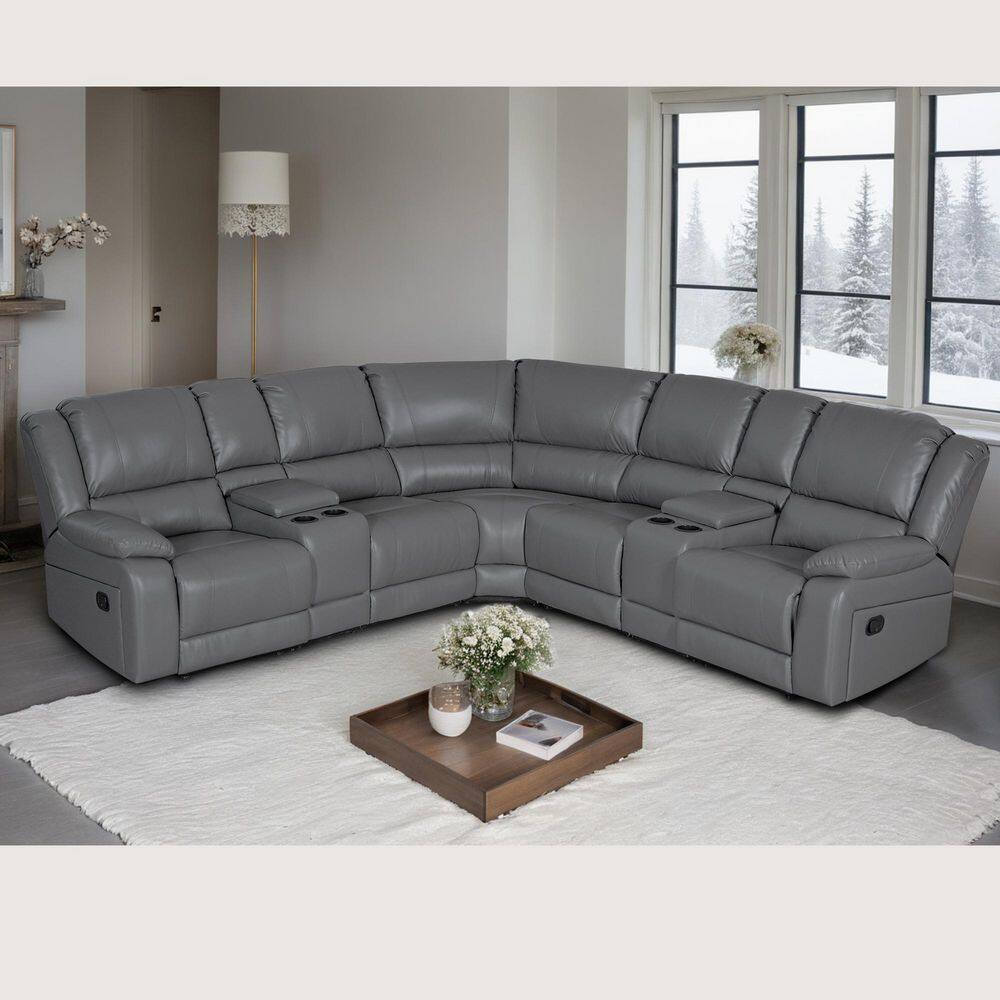 109 in. 7 Pieces Modular Modern Contemporary Faux Leather Manual Recliner Sectional Sofa in. Gray