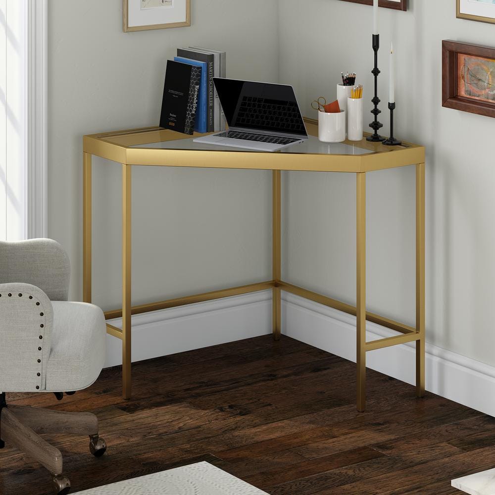 Alexis Minimalist Brass & Glass Corner Desk