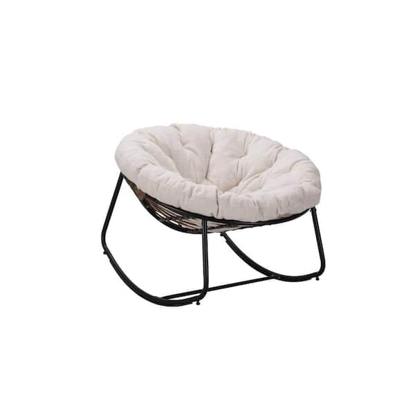 Unbranded Dark Gray Frame Metal Outdoor Rocking Chair Patio Wicker Egg Chair with Teddy White Cushion, for Backyard, Patio, Garden