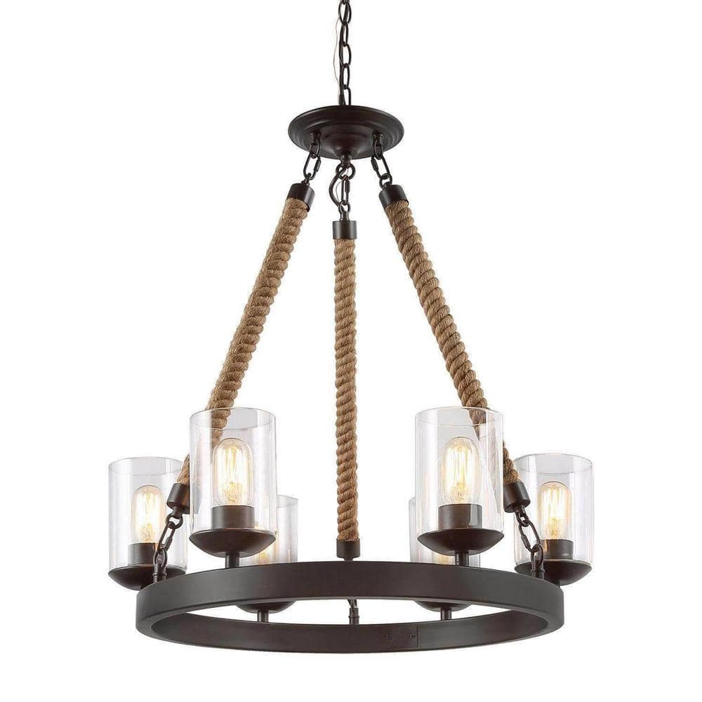 6-Light Farmhouse Chandelier with Dark Brown Wagon Wheel and Clear Glass Sh