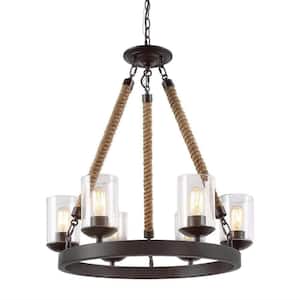 6-Light Farmhouse Chandelier with Dark Brown Wagon Wheel and Clear Glass Shades Perfect for Various Spaces.