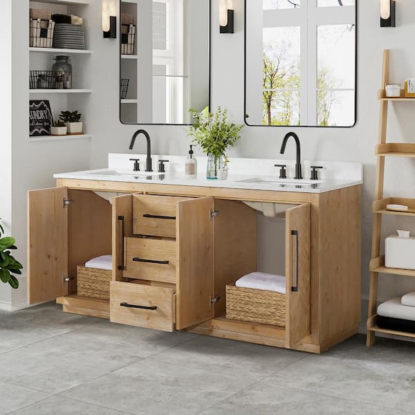 Bellavia 72 in. W x 22 in. D x 34 in. H Double Sink Bath Vanity in Weathered Fir with White Engineered Stone Top