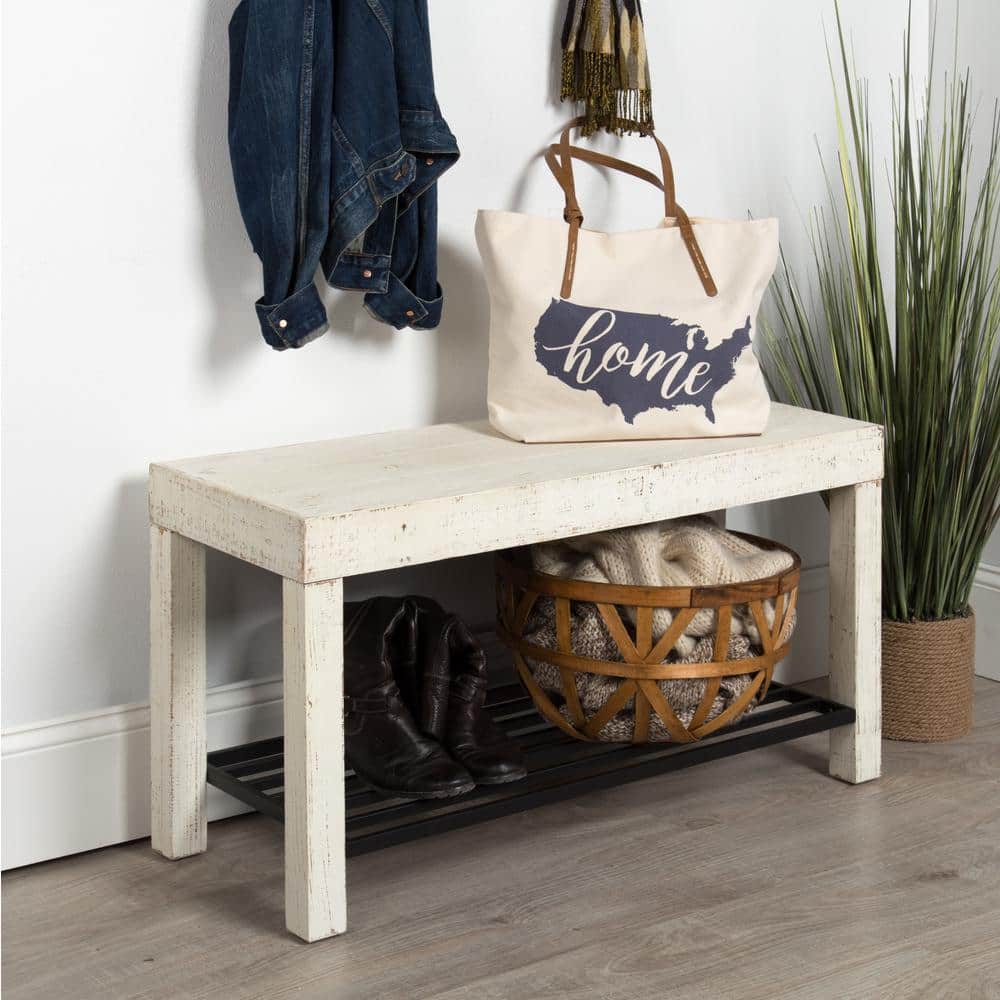Rustic White Solid Wood & Iron Shoe Storage Bench, 36"x14"x20"