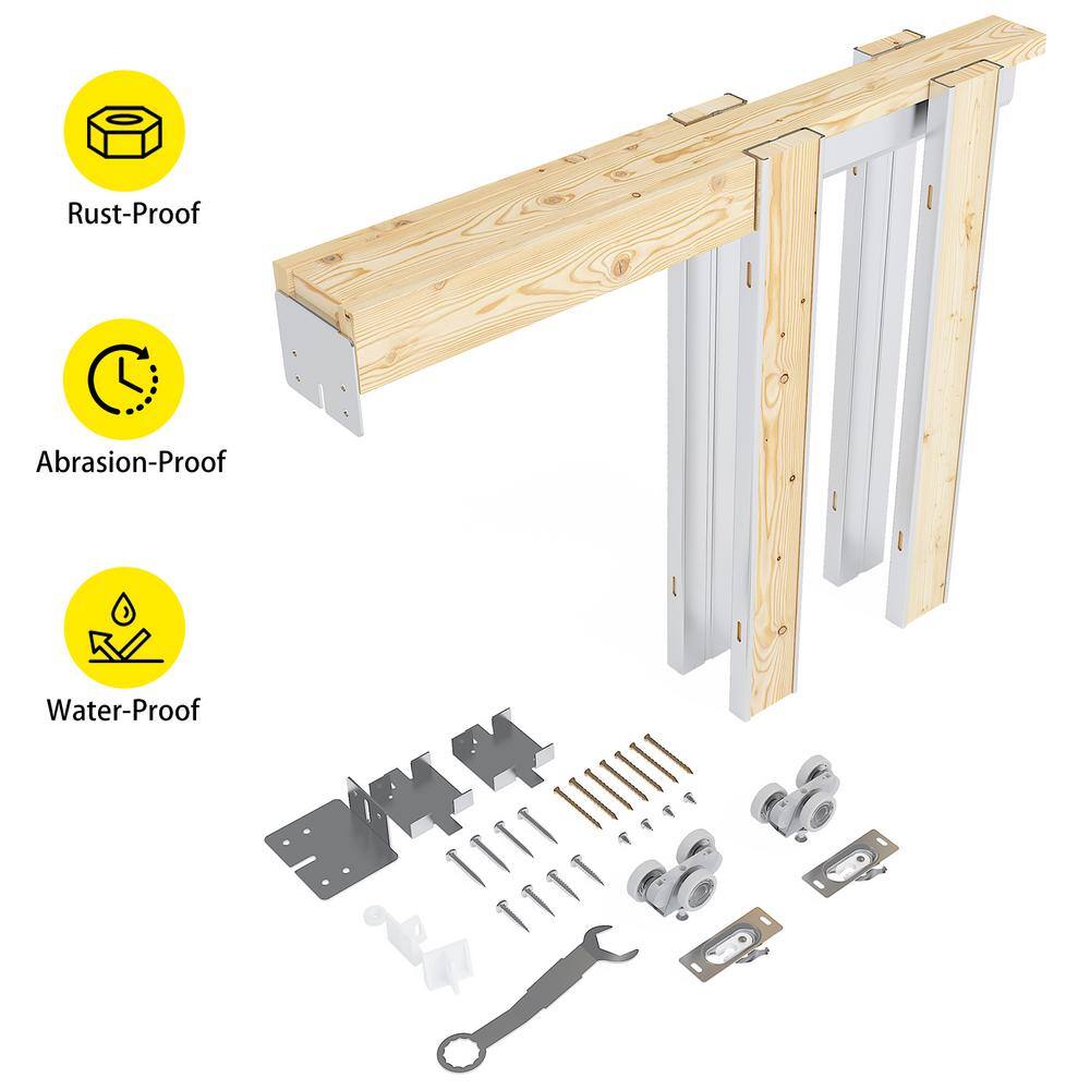 30 in. x 80 in. White Primed MDF Pocket Door Frame with Frosted Glass Panels