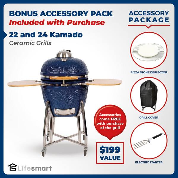 Lifesmart 24 in. Kamado Ceramic Charcoal Grill in Blue with Free Electric Starter and Pizza Stone SCS-K24B - The Home Depot