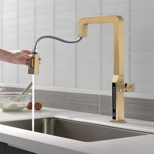 1-Handle 17 in. H Pull Down Sprayer Kitchen Faucet 180° Rotating Sink Faucet 2 GPM w/ Digital Display in Brushed Gold