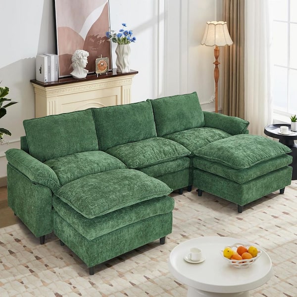 WONDER COMFORT Chic 118 in. Green Pillowed Armrest 4-piece U Shaped Chenille Sectional Sofa Couch in Beige with 2 Ottomans