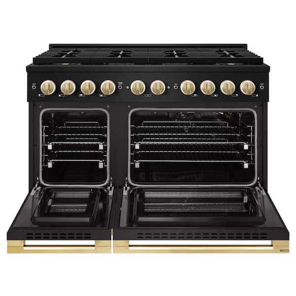 Autograph 48 in. 6.7 cu. ft. Marino Gas Range with 8 Burner DuoPro Cooktop and Dual Ovens in Black Stainless and Gold