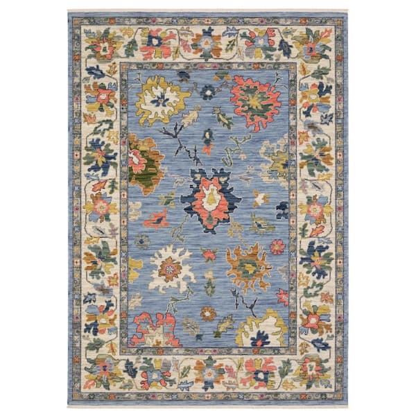 7' X 10' Blue Ivory And Yellow Oriental Area Rug With Fringe