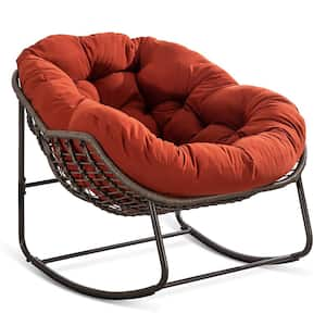 Hand-Woven Wicker Outdoor Rocking Chair with Padded Cushion in Orange