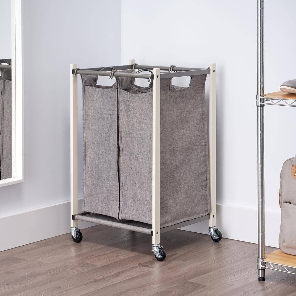 Gray Collapsible 2-Bag Laundry Cart with Wheels