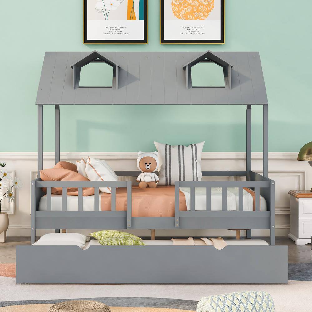 URTR Gray Full Size House Bed Wood Bed with Twin Size Trundle, Full Bed Frame with Roof and Fence for Kids - 1