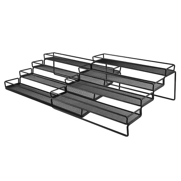 4 Tier Black Expandable Cabinet Spice Rack Organizer Metal Shelf Step Storage Holder with Protection Railing 2 Pack
