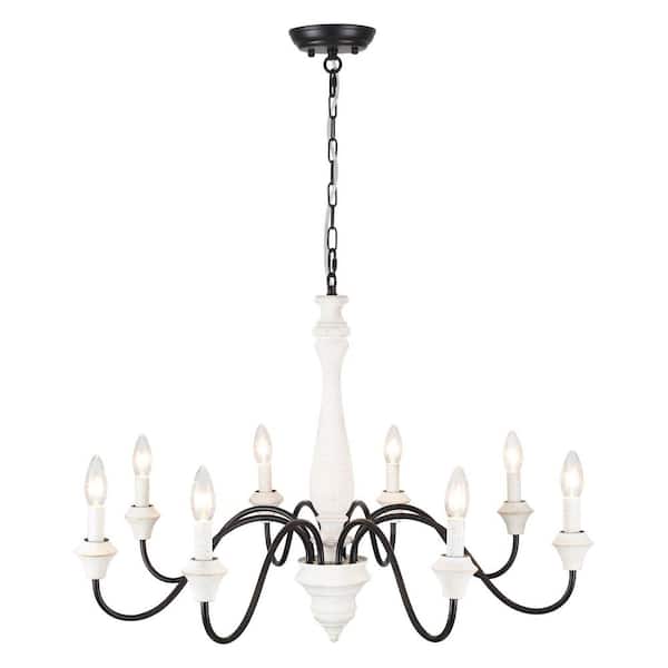 8-Light Matte Black/Vintage White Farmhouse Candle Style Chandelier for Dinning Room Foyer with No Bulbs Included