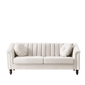 Wood Modern Velvet Upholstered Outdoor Sofa Couch with Beige Cushions, 3 Seat Tufted Back with Nail Arms with 2 Pillows