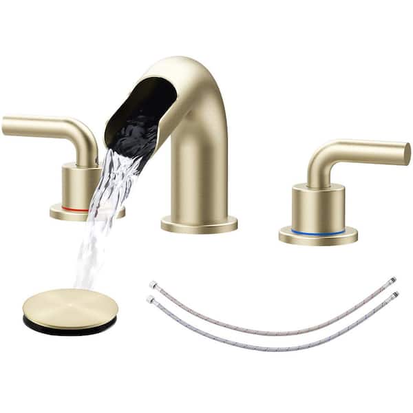 AKLFGN 8 in. Widespread Bathroom Faucet Double Handle 3 Hole Waterfall Bathroom Sink Faucet with Pop-Up Drain in Brushed Gold