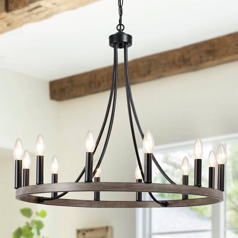 Loene 12-Light Black/Brown Farmhouse Candle Style Wagon Wheel Chandelier for Living Room Kitchen Island Dining Foyer price history on PriceWatchPro