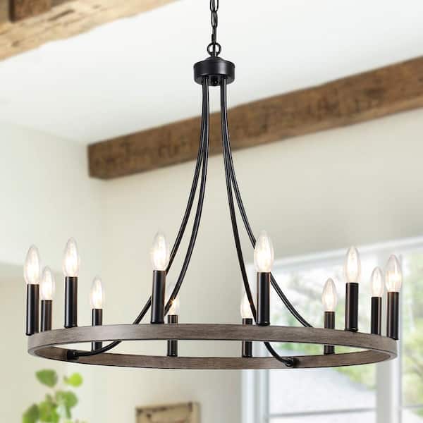 LWYTJO Loene 12-Light Black/Brown Farmhouse Candle Style Wagon Wheel Chandelier for Living Room Kitchen Island Dining Foyer