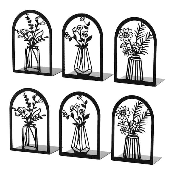 Afoxsos 6-Piece Black Decorative Metal Bookend with Floral Design, Non-Slip and Durable L-Shaped Book Stoppers for Shelves, Desk