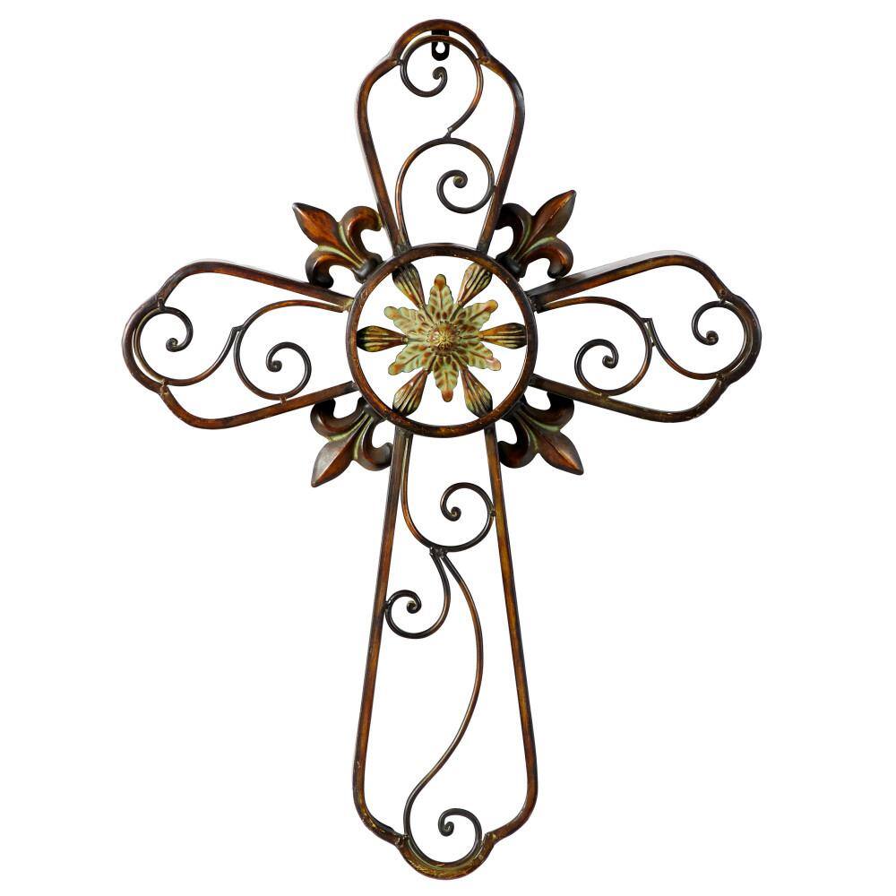 Brown Metal Scroll Cross Wall Sculpture with Floral Center